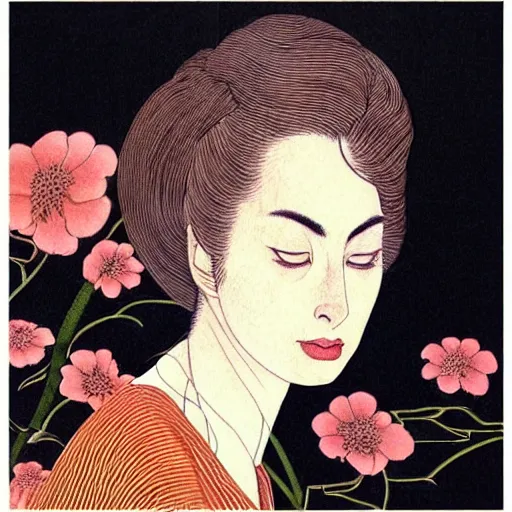 Prompt: “ ann hathaway portrait by ikenaga yasunari and ayana otake and ko rakusui, 6 0 s poster, drawing, realistic, sharp focus, japanese, dreamy, nostalgia, faded, golden hues, floral clothes, porcelain skin ”