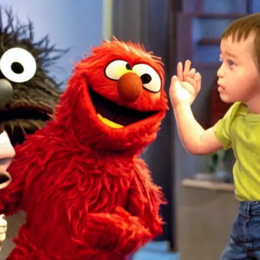 Prompt: Elmo the dark sith Lord meets the younglings, movie still
