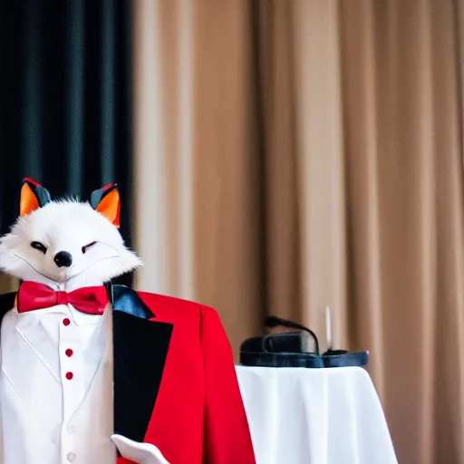 Image similar to realistic ballroom photo of an anthropomorphic fox in a dark red tuxedo