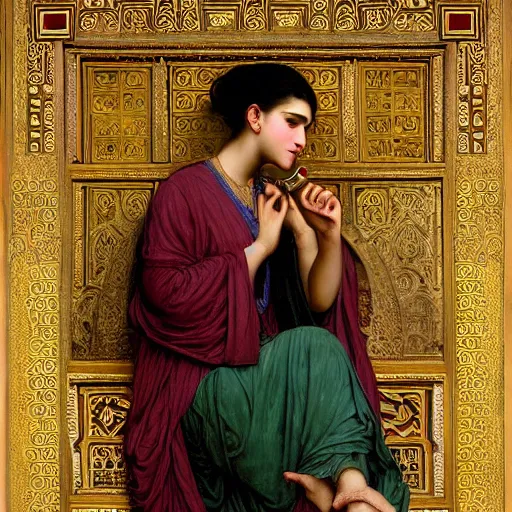 Prompt: orientalist portrait of a moorish female sage wearing a golden robe smoking a pipe in a sandstone temple intricate portrait by john william waterhouse and Edwin Longsden Long and Theodore Ralli and William-Adolphe Bouguereau, very coherent symmetrical artwork. Cinematic, hyper realism, high detail 8k