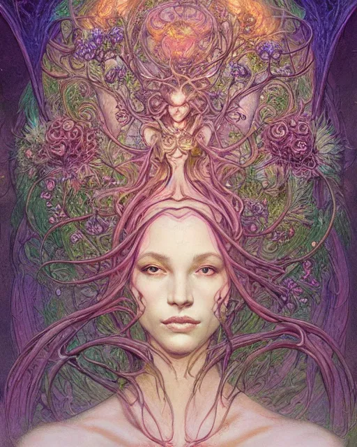 Prompt: centered beautiful detailed front view portrait of a woman with ornate growing around, ornamentation, flowers, elegant, beautifully soft lit, full frame, by wayne barlowe, peter mohrbacher, kelly mckernan,