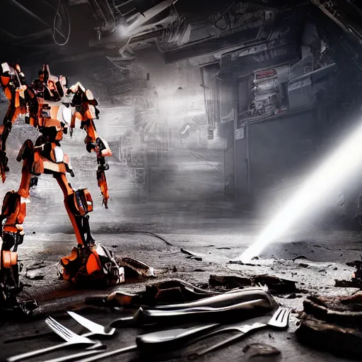 Image similar to cutlery mecha, dark messy smoke - filled cluttered workshop, dark, dramatic lighting, orange tint, cinematic, highly detailed, sci - fi, futuristic, movie still