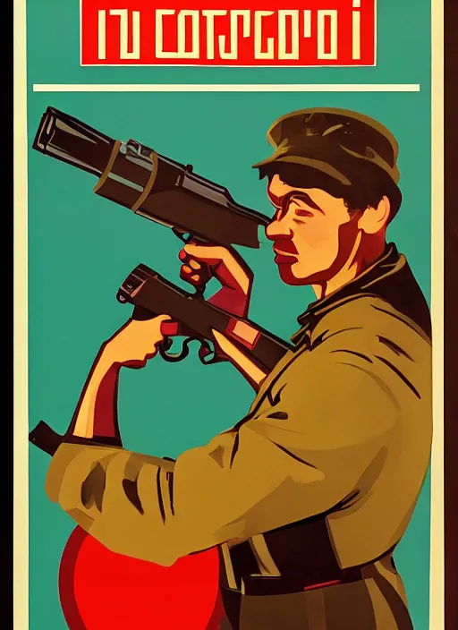 Image similar to a Soviet Russia propaganda poster of a programmer shooting a gun at a computer