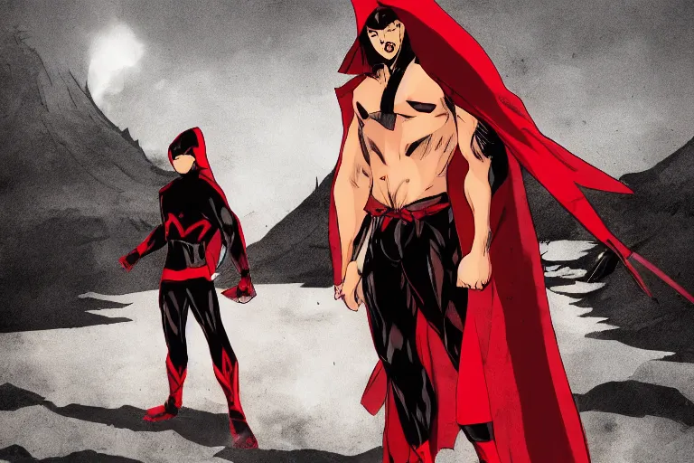 Image similar to a twin blade muscular swordsman, red and black cape and hoodie, scary, intimidating floating sand, worn out clothes, torn clothes, as a panel of a Marvel comic