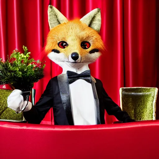 Prompt: realistic ballroom photo of an anthropomorphic fox in a dark red tuxedo