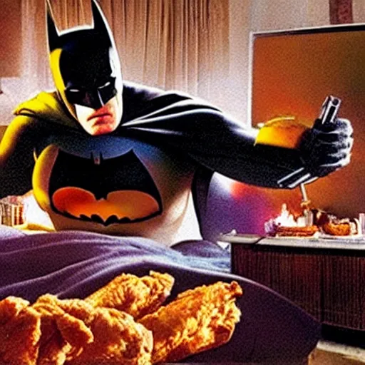 Image similar to movie still, movie frame, batman eats fried chicken in bed, lit only by the glow of the television set