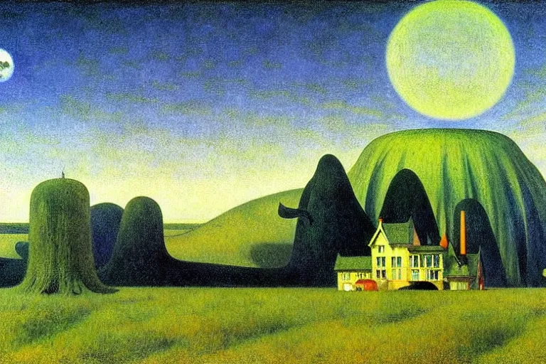 Image similar to realistic detailed landscape painting a single edward hopper house in a plain field, single ufo in the sky, futuristic sci-fi forest on background by Jean Delville, Amano, Yves Tanguy, Alphonse Mucha, Ernst Haeckel, Edward Robert Hughes, Roger Dean, rich moody colours, blue eyes