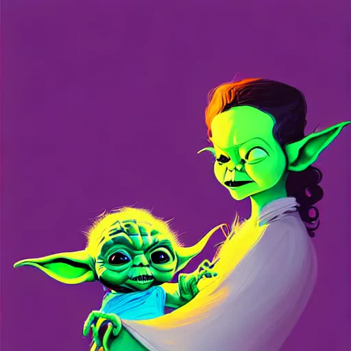 Prompt: curled perspective digital art of curly brown hair baby girl with baby yoda by anton fadeev from nightmare before christmas