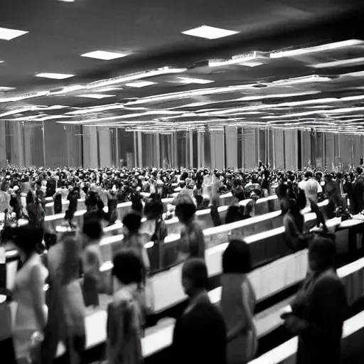 Image similar to a huge room full of people, many tall standing mirrors reflecting the people in room