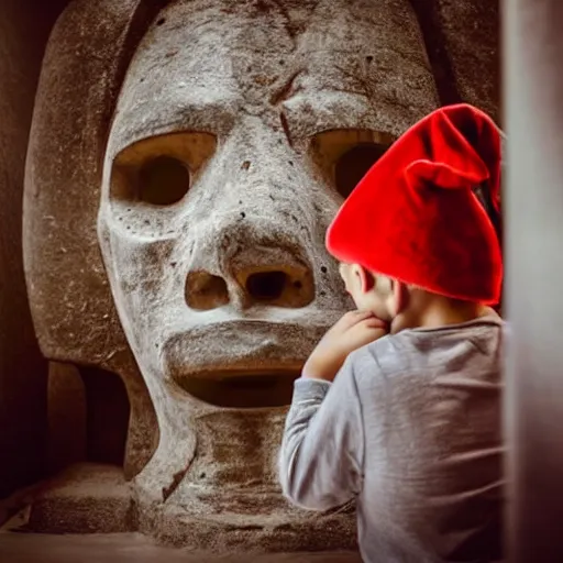 Image similar to a kid at christmas disappointed and sad that his present was a giant moai statue, his hands buried in his face | inside of a house next to a christmas tree, large present in the back