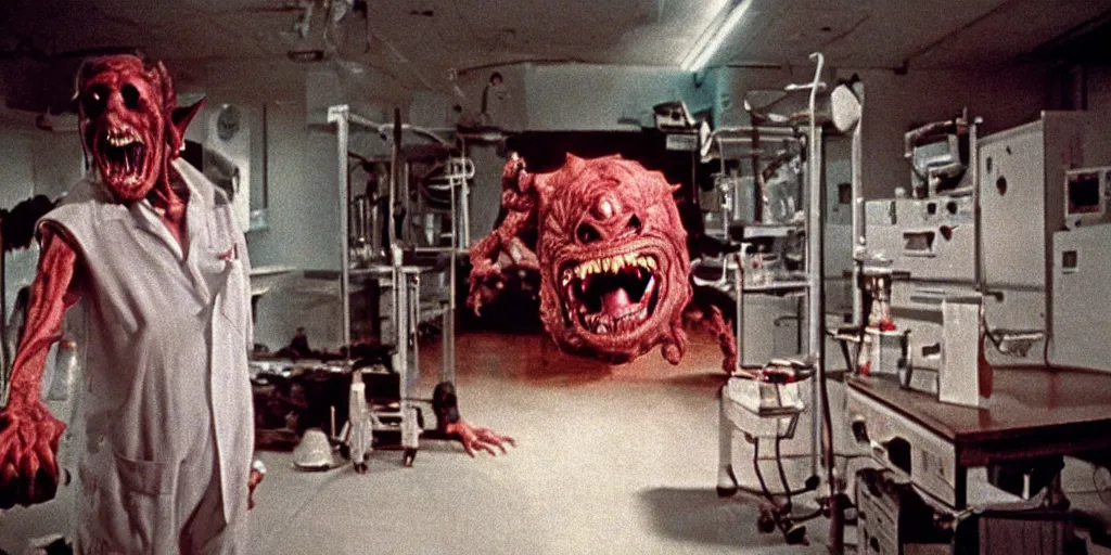 Image similar to a scary filmic wide shot color ground level angle movie still 35mm film photograph of the full body of a screaming and angry dangerous shape shifting alien creature, with multiple mutated snarling drooling human faces with a grotesque variety of human and animal limbs protruding from its lower torso inside of a 1970s science lab, neon lights, dirty, ektachrome photograph, volumetric lighting, f8 aperture, cinematic Eastman 5384 film