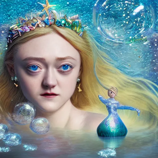 Image similar to dakota fanning portrait, fantasy, mermaid, hyperrealistic, game character, underwater, highly detailed, sharp focus, cinematic lighting, pearls, glowing hair, shells, gills, crown, water, highlights, starfish, jewelry, realistic, digital art, pastel, magic, fiction, ocean, king, colorful hair, sparkly eyes, fish, heroic, goddess, waves, bubbles, queen