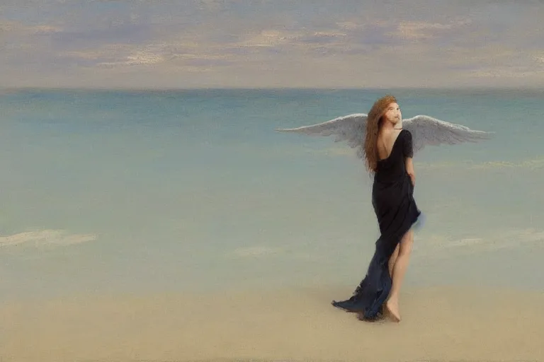 Prompt: female angel on the beach, trail of fire and smoke coming from her wings, very early morning, bluish colorscheme, jeremy lipking, timothy rees