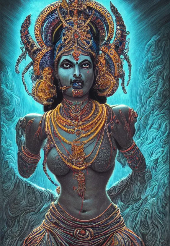 Prompt: perfectly centered portrait, front view of a beautiful biomechanical goddess kali, female, flowing hair, intense stare, sweet smile, symmetrical, concept art, intricate detail, volumetric shadows and lighting, psychedelic colors, vibrant, realistic oil painting by gustave dore