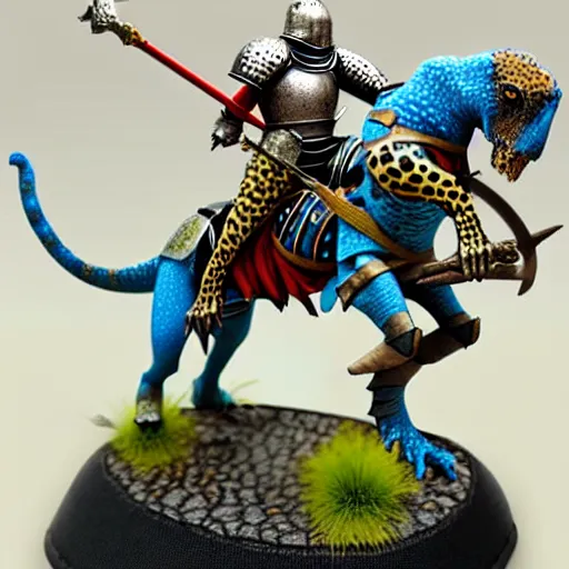 Image similar to A medieval knight riding on a giant leopard gecko, highly detailed, fantasy, painted wargaming miniature