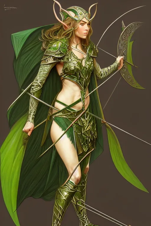 Image similar to male elven Archer armor made of green leaves, fantasy, amber eyes, face, long hair, intricate, elegant, highly detailed, digital painting, artstation, concept art, smooth, sharp focus, illustration, art by artgerm and greg rutkowski and alphonse mucha