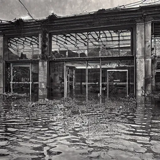 Prompt: flooded abandoned overgrown supermarket, highly detailed, ominous, dusk, overcast, photorealistic, 1900s photo