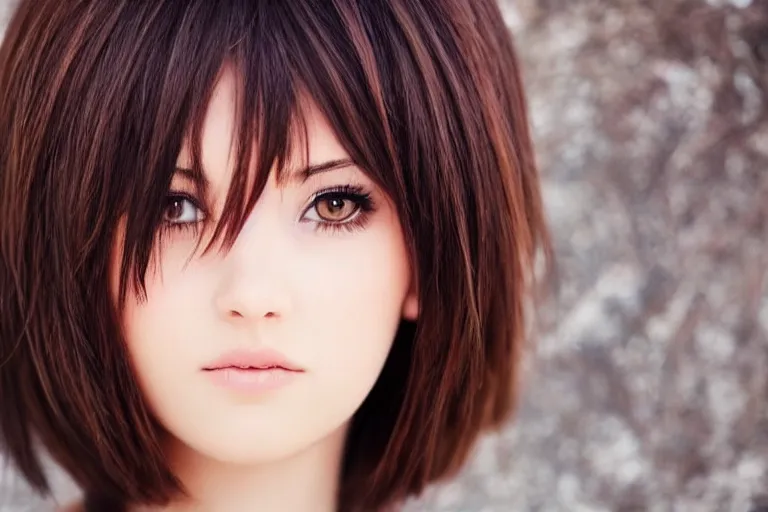 Image similar to beautiful woman with short brown hair, brown eyes, anime