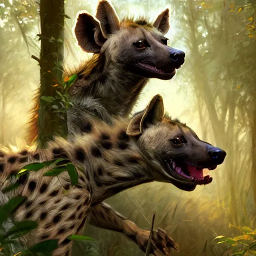 Image similar to photo of a humanoid hyena with hyena head feeds hyena puppies in the forest, highly detailed, digital painting, artstation, smooth, sharp focus, illustration, art by artgerm and greg rutkowski and alphonse mucha