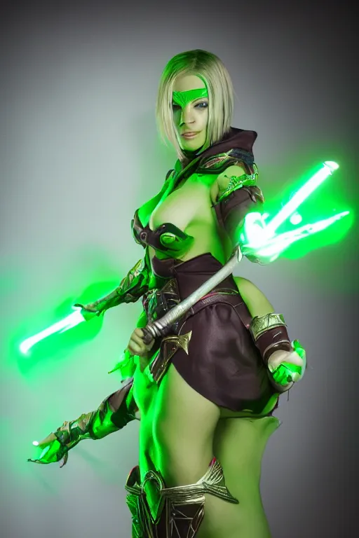 Prompt: a green-skinned female DND verdan, high resolution film still, 8k, HDR colors, cosplay, studio lighting