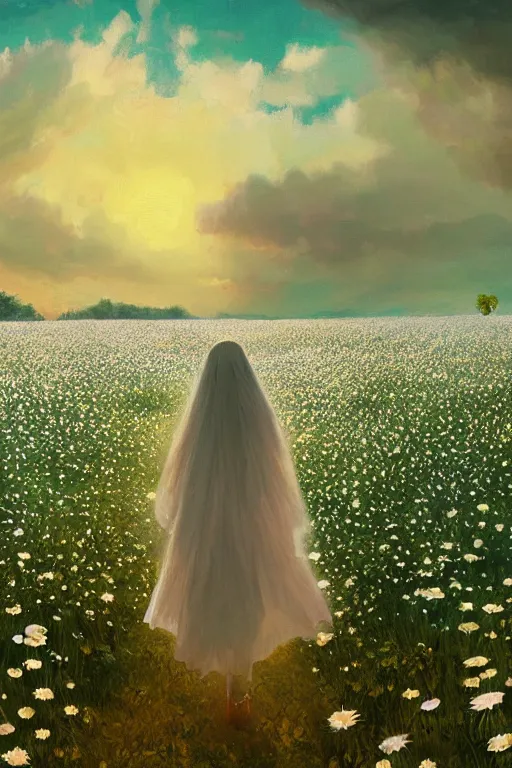 Image similar to giant white daisy flower veil, girl walking in a flower field, surreal photography, sunrise, dramatic light, impressionist painting, colorful clouds, digital painting, artstation, simon stalenhag