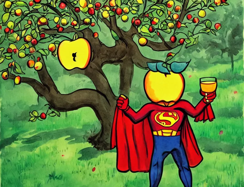 Prompt: cider - man, the superhero who really likes apple juice, in an orchard. this ink painting by the award - winning cartoonist has dramatic lighting, an interesting color scheme and great sense of depth.