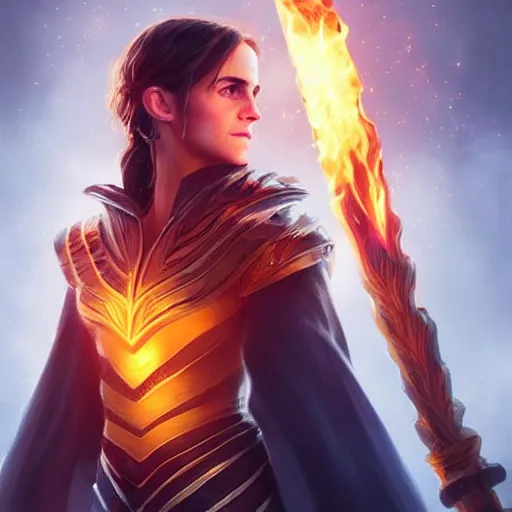 Prompt: Emma Watson wearing plate armour holding a glowing fire magical staff. Trending on Artstation octane render ultra detailed art by Ross tran