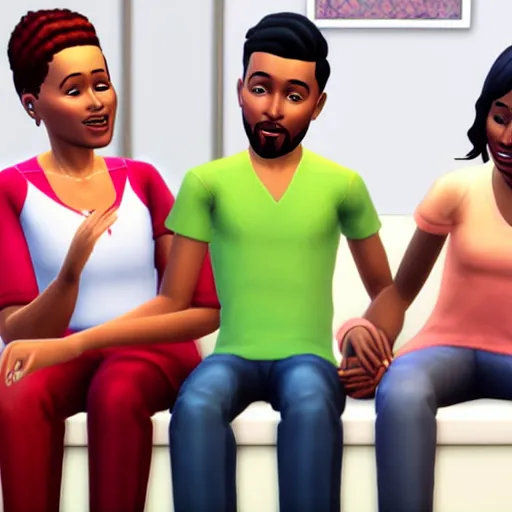 Image similar to Photo of a sims 4 family sitting on the toilet while holding hands, video game, 4k, high quality, wide angle,