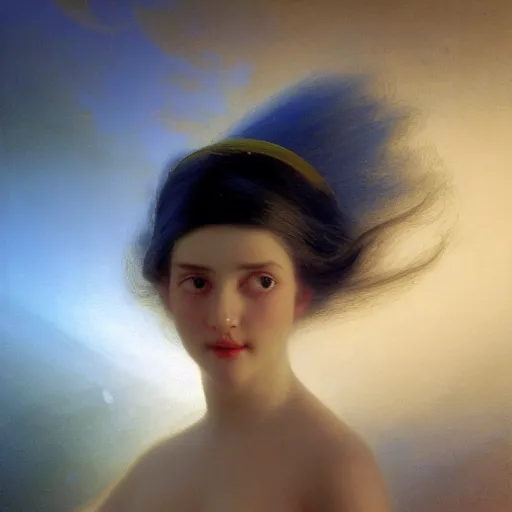 Image similar to a young woman's face, her hair is white and she wears an indigo blue satin cloak, by ivan aivazovsky and syd mead and moebius and gaston bussiere and roger dean and pieter claesz and paul delaroche and alma tadema and aelbert cuyp and mort kunstler, hyperrealistic, volumetric light, octane render