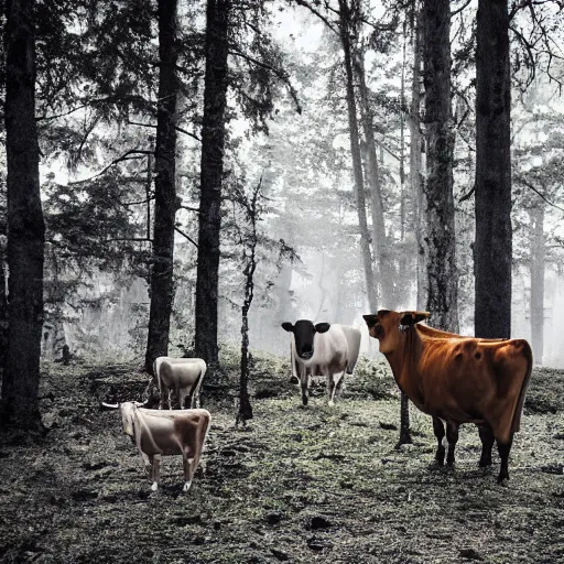 Image similar to DLSR photograph of several cows looking at the camera, in creepy forest, night-time, low lighting, eyes glinting