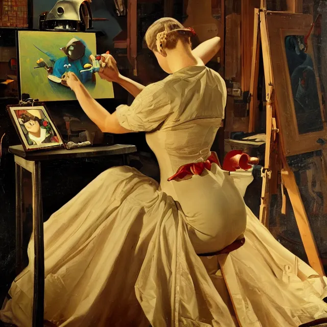 Prompt: robot artist painting a self - portrait on a canvas. intricate, highly detailed, digital matte painting in the style of gil elvgren and in the style of hans thoma. irony, recursion, inspiration.