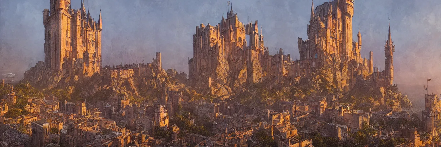 Prompt: city of king's landing by greg rutkowski, moebius and sam kieth, complex stonework, ramparts, bulwarks, granite architecture, art nouveau ironwork and engraving, huge towering castle, at dusk
