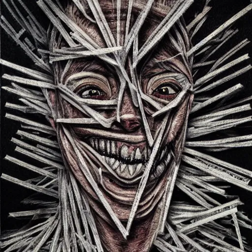Image similar to multiple faces shredded like paper news scared, dark horror, surreal, drawing, painting,