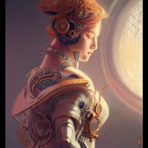 Image similar to AI Robot, D&D, fantasy, intricate, elegant, highly detailed, digital painting, artstation, concept art, smooth, sharp focus, illustration, art by artgerm and greg rutkowski and alphonse mucha