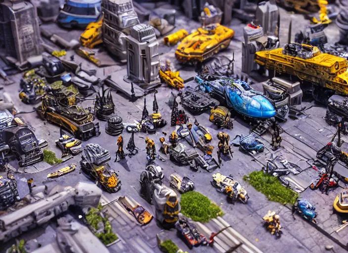 Prompt: a photo of a grand scale diorama with sci - fi vehicles and buildings and characters, macro photography