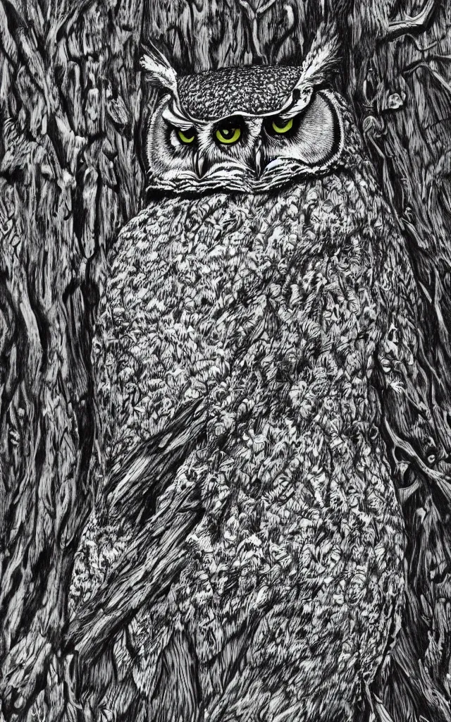 Image similar to hyperrealist nature photograph of a great horned owl in a tree, high contrast wood engraving, kentaro miura manga style, shocking detail trending on artstation 8 k