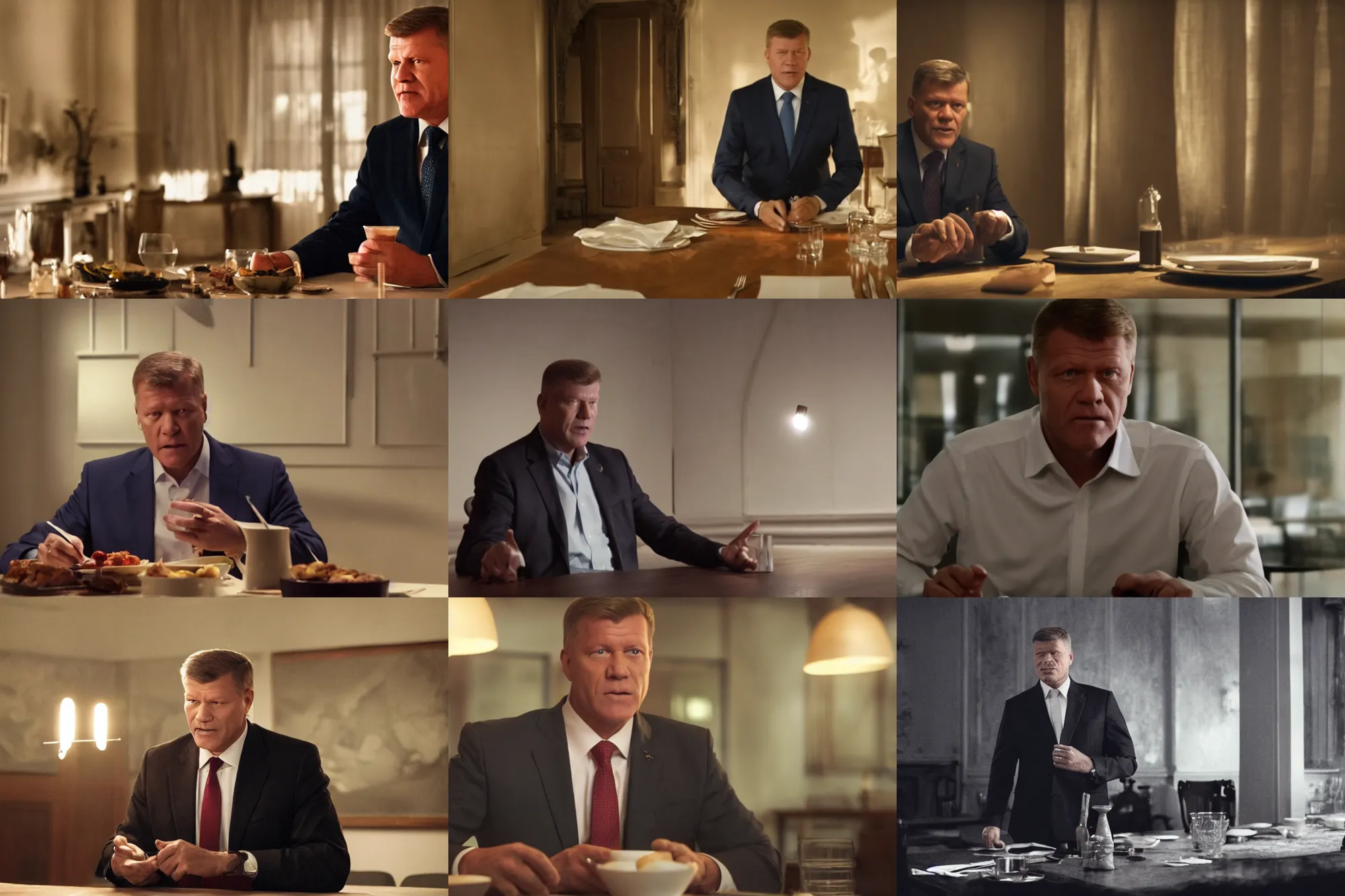 Prompt: a film still of Klaus Iohannis standing at a table, dramatic lighting