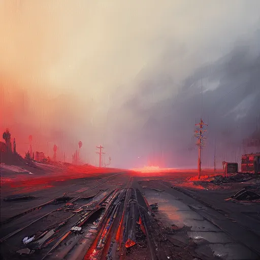 Prompt: post apocalyptic wasteland, mad max, smooth, dreary, oil painting, beautifully detailed, trending on artstation, by alena aenami