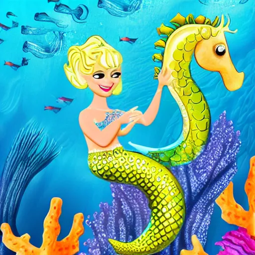Prompt: detailed photo of alluring blonde mermaid riding a colorful seahorse underwater surrounded by fish
