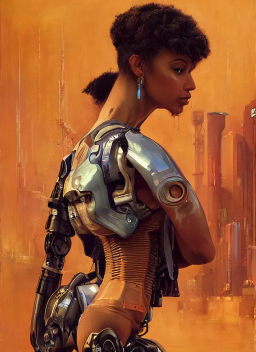 Prompt: Sonya Igwe. Beautiful Cyberpunk mechanic with robotic legs. (Cyberpunk 2077, bladerunner 2049). Iranian orientalist portrait by john william waterhouse and Edwin Longsden Long and Theodore Ralli and Nasreddine Dinet, oil on canvas. Cinematic, vivid colors, hyper realism, realistic proportions, dramatic lighting, high detail 4k