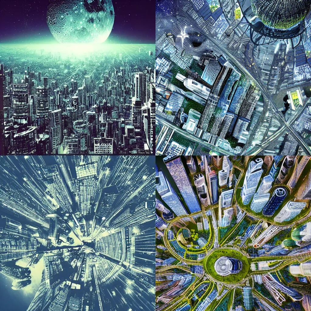 Prompt: Megapolis, bird's eye view, on the moon, starry sky, sci-fi