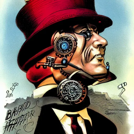 Prompt: portrait of a steampunk cyborg gentleman wearing a red top hat by Brian Bolland