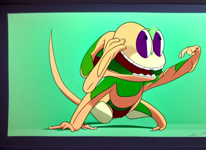 Prompt: a shaded animation cel of a sweet frog, realistic anatomy, in the style of don bluth, disney, dreamworks animation, filmation, toei animation, studio trigger, bruce timm, jack kirby, studio ghibli, 5 k, artstation trending