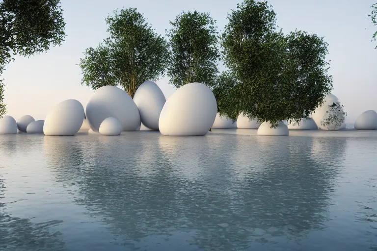 Prompt: 2 0 white round egg shaped buildings are combined to form a post - modern building, by pierre bernard, on the calm lake, people's perspective, future, interior wood, dusk, unreal engine highly rendered, global illumination, radial light, internal environment