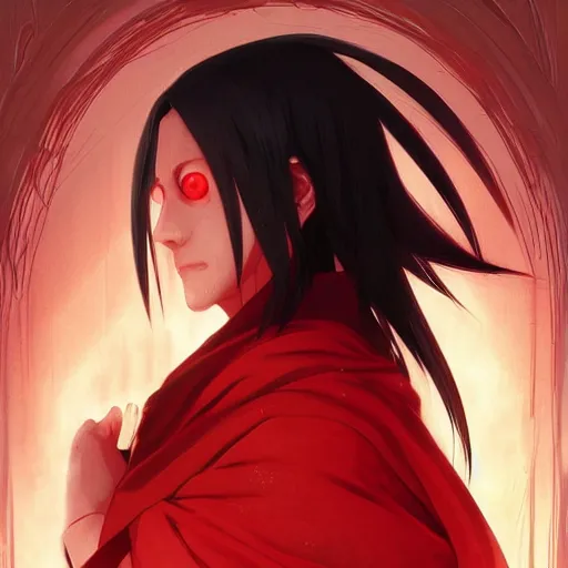 Image similar to itachi uchiha, red glowing eyes, intricate, elegant, highly detailed, digital painting, artstation, concept art, smooth, sharp focus, illustration, art by artgerm and greg rutkowski and alphonse mucha