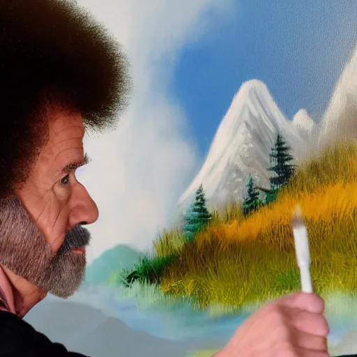 Image similar to a closeup photorealistic photograph of bob ross working on a canvas painting sonic the hedgehog. film still. mountain scape. brightly lit scene. this 4 k hd image is trending on artstation, featured on behance, well - rendered, extra crisp, features intricate detail, epic composition and the style of unreal engine.