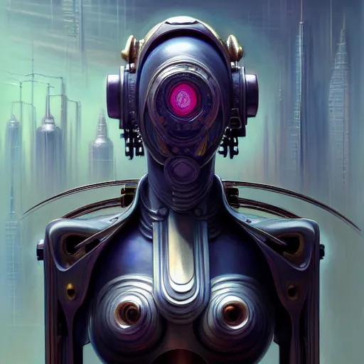 Image similar to front shot of a cyberpunk gazmask robot character, intricate, elegant, highly detailed, centered, digital painting, artstation, concept art, smooth, sharp focus, illustration, artgerm, Tomasz Alen Kopera, Peter Mohrbacher, donato giancola, Joseph Christian Leyendecker, WLOP, Boris Vallejo