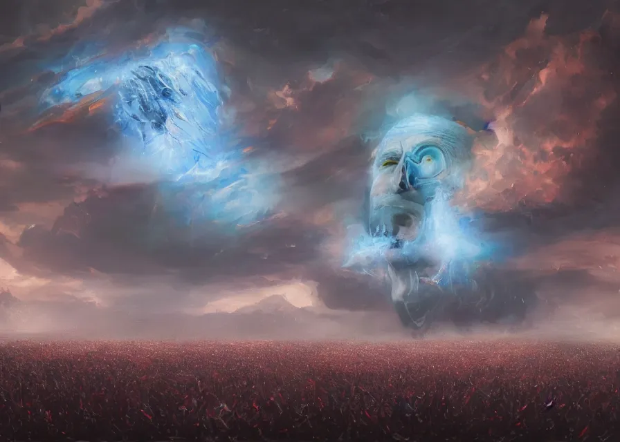 Image similar to large abstract painting of giant grinning evil dark dynamic Joe Biden head emerging from cosmic clouds at giant immense crowd of person army, trending on ArtStation, masterpiece, by Greg Rutkowski, by Ross Tran, by Fenghua Zhong, octane, lightbeam eyes, soft render, clear facial features, oil on canvas,, moody lighting, cinematic, professional environment concept art