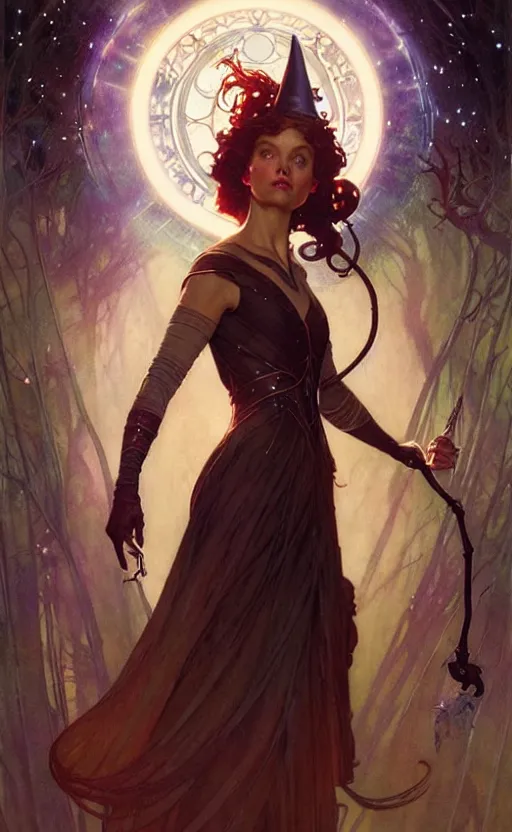 Image similar to magical witch gorgeous lighting by weta studio, mucha, bautista and norman rockwell and greg rutkowski and tom bagshaw and james gurney and lucasfilm