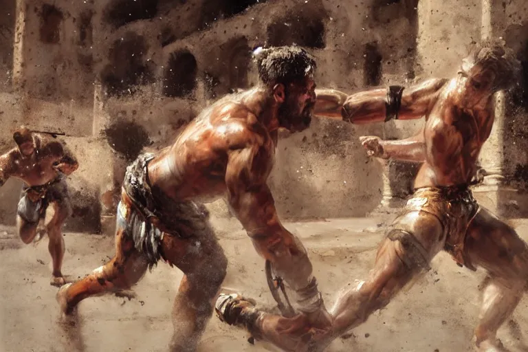 Prompt: a realistic painting of two gladiators fighting each other inside the colosseum, hot weather, brutal fight, extreme detail, action pose, Craig Mullins